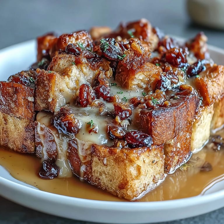 Traditional Capirotada Mexicana, a Mexican Lenten bread pudding, served warm with toasted bread, raisins, and a fragrant cinnamon-piloncillo syrup, perfect for sharing.