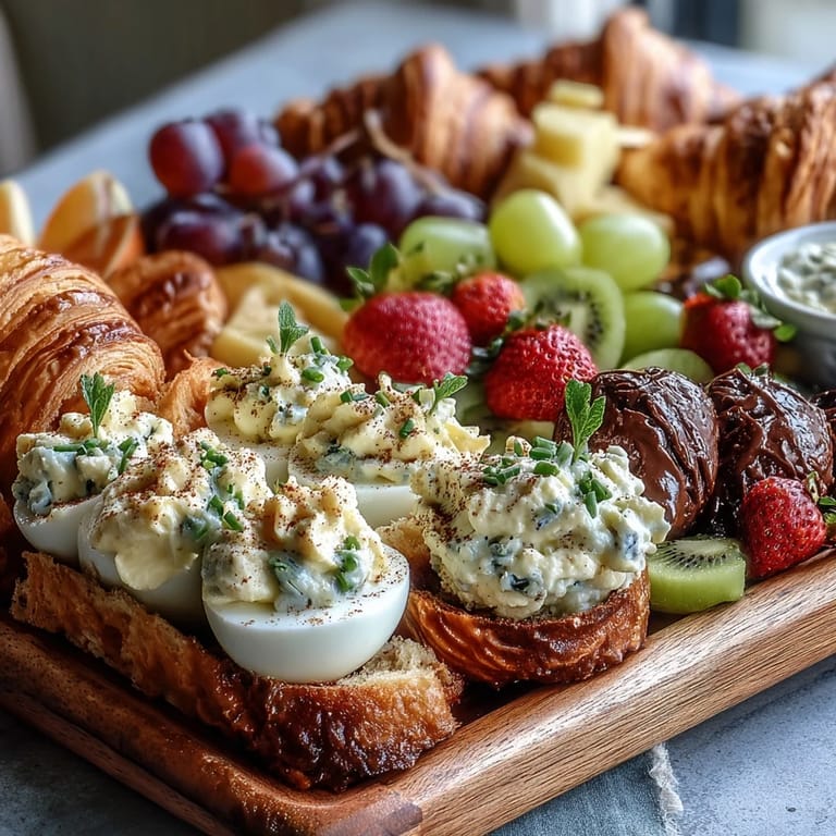 Vibrant Easter brunch platter featuring classic deviled eggs, juicy strawberries, grapes, and an assortment of buttery croissants and Danish pastries—perfect for springtime gatherings.