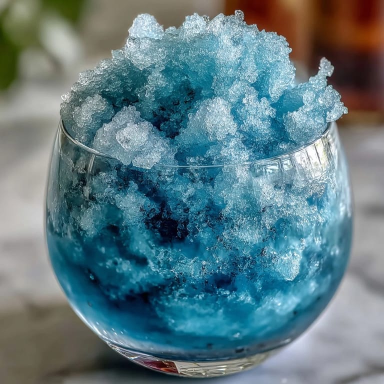 Creamy, icy Blue Raspberry Lemonade Slushie served with mint leaves and a sugared rim for a festive touch.