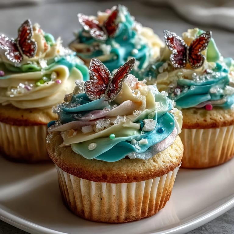 Pastel butterfly cupcakes featuring swirled buttercream in soft pink, yellow, green, and blue atop vanilla cupcakes.