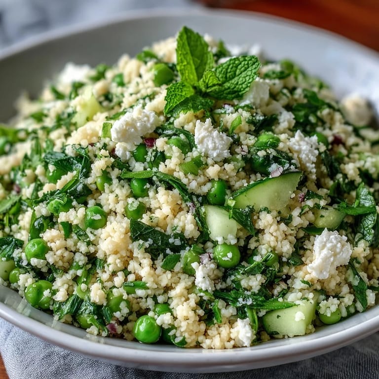 A colorful bowl of Spring Pea and Mint Couscous Salad featuring tender peas, crisp cucumbers, and parsley, perfect for a light vegetarian lunch or side.