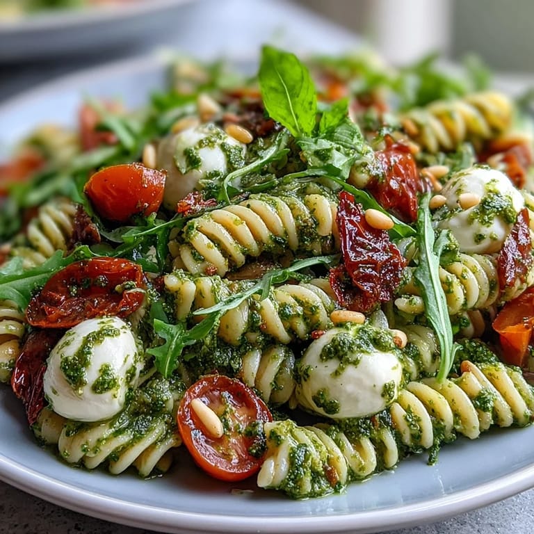 Colorful pasta salad featuring cherry tomatoes, creamy mozzarella, and basil pesto, perfect for picnics or light dinners in warm weather.