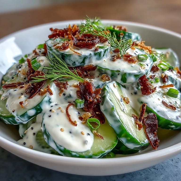 Crisp cucumbers coated in zesty everything bagel dressing, served as a refreshing and colorful side dish.