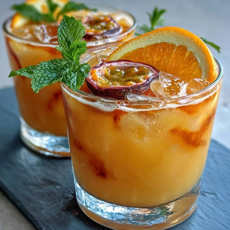 A colorful non-alcoholic drink featuring passionfruit and orange juices, with grenadine creating a beautiful sunrise effect, served over ice in a clear glass.