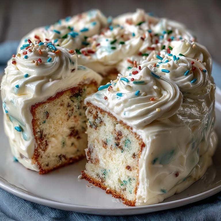 Layered funfetti cake with smooth dip frosting and festive sprinkles, ideal for joyful spring celebrations.