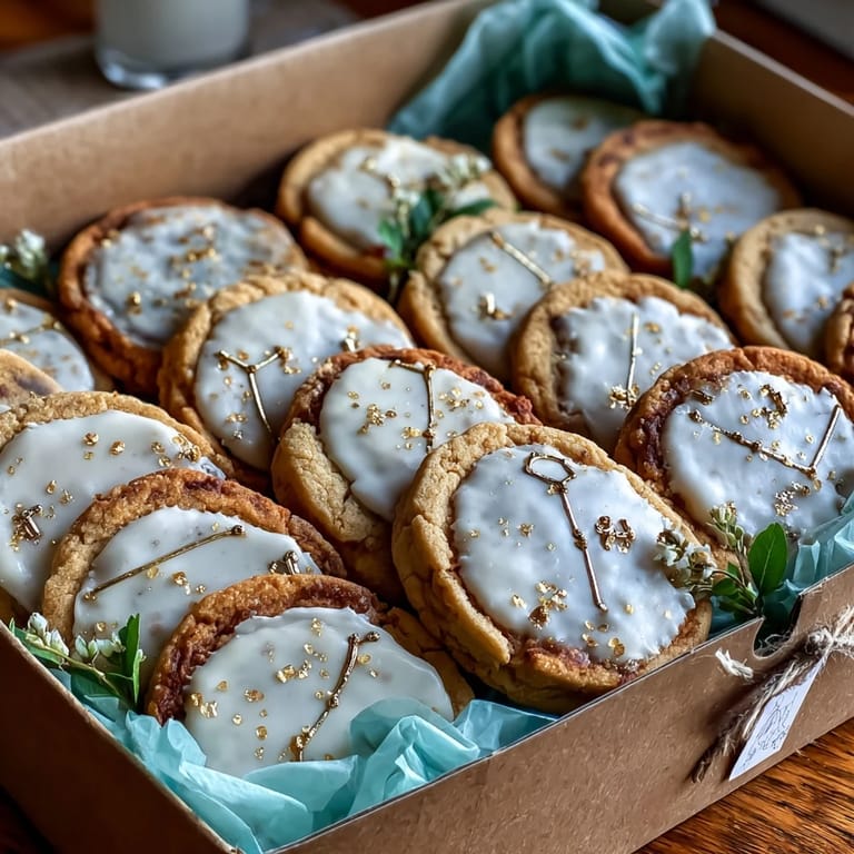 Luxurious sugar cookies shaped like Taurus symbols and decorated with shimmering gold royal icing, ideal for gourmet gifting.