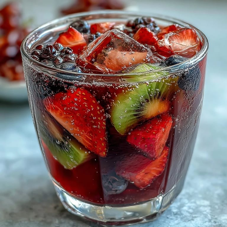 A tall glass of iced hibiscus berry tea, bursting with summer berries and lime.