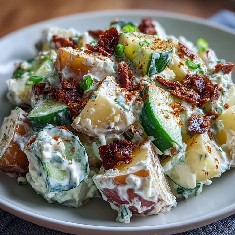 Close-up of Juneteenth potato salad showcasing red onion, celery, and mustard dressing.