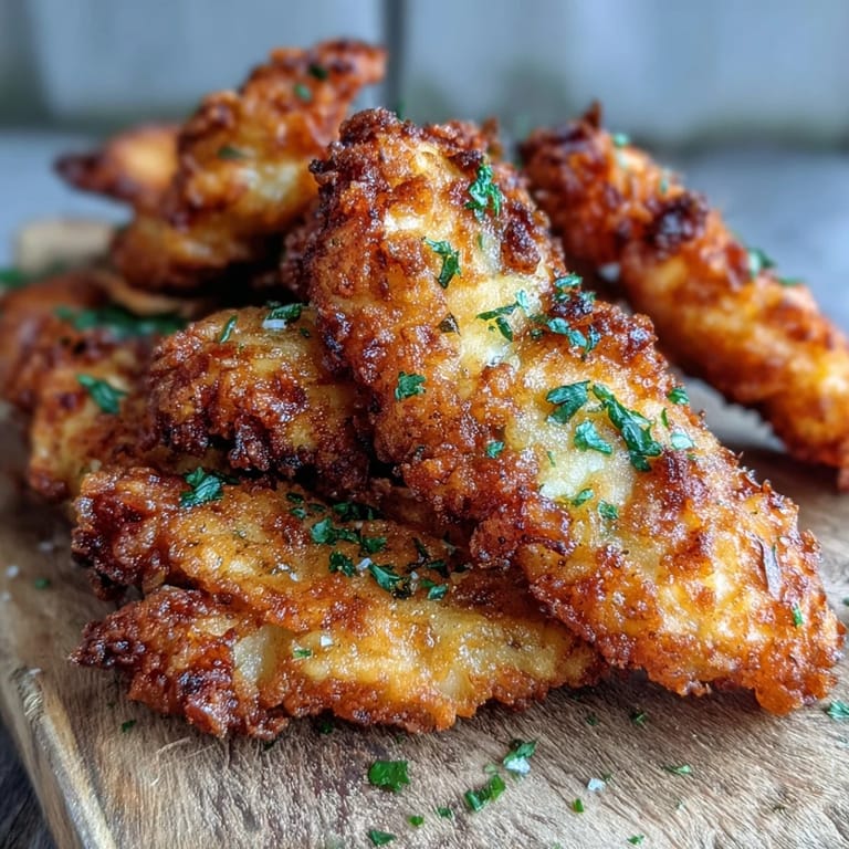 Extra crispy Pickle Brine Chicken Tenders served with a favorite dipping sauce.