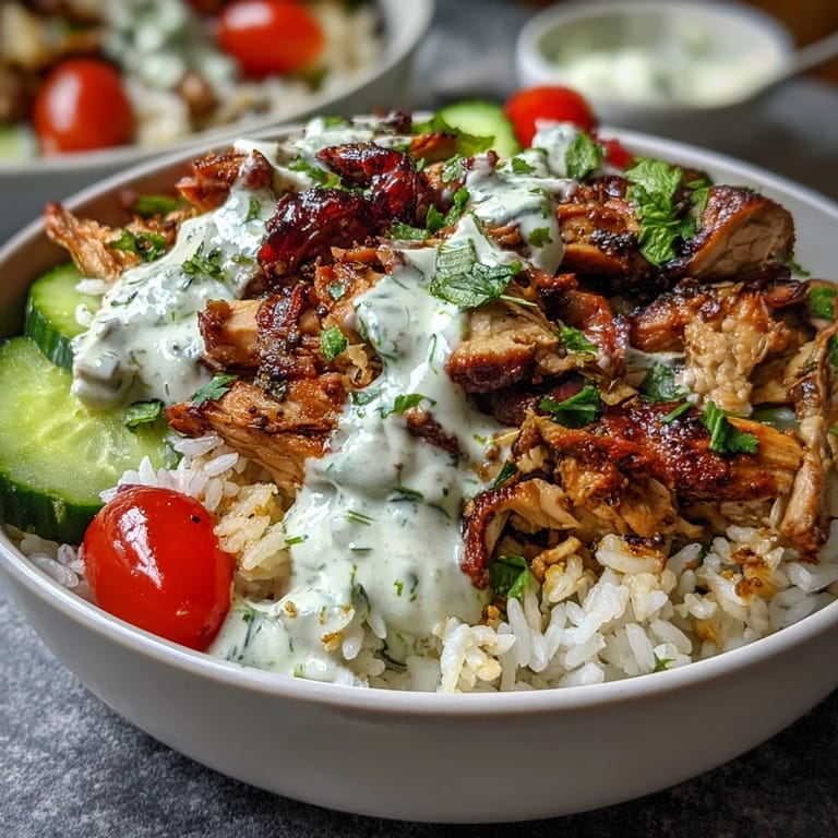 Delicious spiced chicken shawarma bowl, topped with fresh vegetables and tahini.