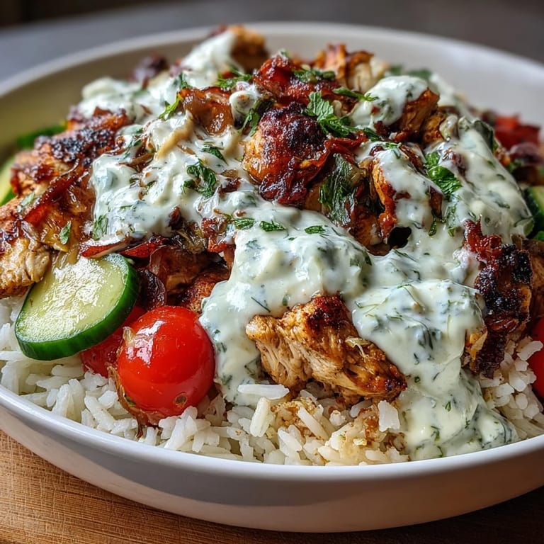 Hearty Middle Eastern Shawarma Bowl with fluffy rice and zesty lemon sauce.