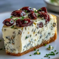 Kalamata cheesecake appetizer garnished with fresh parsley, sliced olives, and a drizzle of olive oil on a rustic platter.