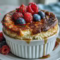 Golden-brown Baked Protein Pancake Bowl fresh from the oven, topped with creamy peanut butter, fresh blueberries, and sliced almonds.