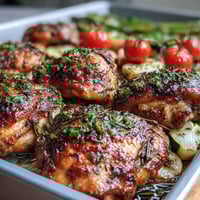 Vibrant sheet pan chicken dinner with zucchini and cherry tomatoes, roasted to juicy perfection with lemon-herb marinade.