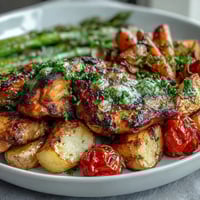 Healthy Easy Sheet Pan Chicken with Spring Veggies: A colorful, nutritious dinner with juicy chicken and fresh spring vegetables, all roasted to perfection on a single pan.
