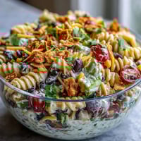 Colorful taco pasta salad with rotini, black beans, corn, avocado, and cheddar, tossed in zesty taco dressing and topped with tortilla chips.
