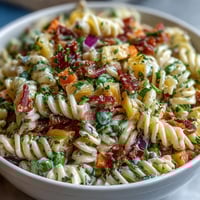 Tropical Hawaiian pasta salad with ham, pineapple, and creamy ranch dressing, perfect for summer gatherings.