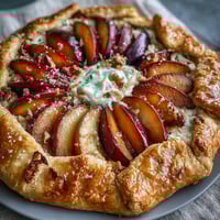 Rustic summer stone fruit galette with frangipane filling, golden crust folded over juicy peaches, plums, and cherries.
