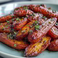 Honey glazed roasted carrots with thyme, tender and caramelized, garnished with fresh herbs for a vibrant side dish.