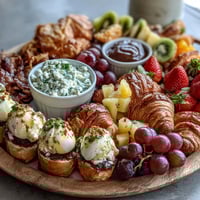 Easter Brunch Board with Deviled Eggs, Fruit, and Pastries: A colorful spread of deviled eggs, fresh seasonal fruit, and flaky pastries arranged for festive Easter brunch sharing.