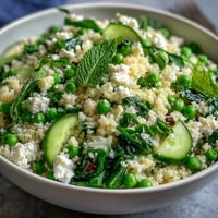 Spring Pea and Mint Couscous Salad with vibrant green peas, fluffy couscous, and fresh mint, drizzled with lemon dressing and garnished with feta.