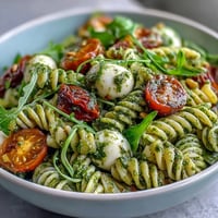 Vibrant summer pasta salad with pesto, cherry tomatoes, and mozzarella, served in a white bowl with fresh basil leaves scattered on top.