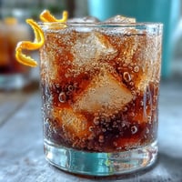A tall glass filled with cold brew coffee and tonic water, garnished with fresh orange zest for a bright, citrusy aroma.
