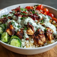 Vibrant Middle Eastern Shawarma Bowl with creamy tahini sauce, ready to eat.